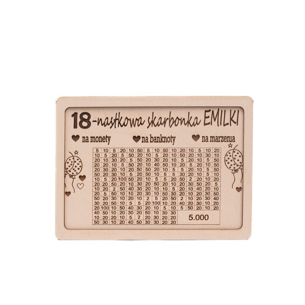 Drewniana skarbonka "18-nastkowa" 5000zł z personalizacją