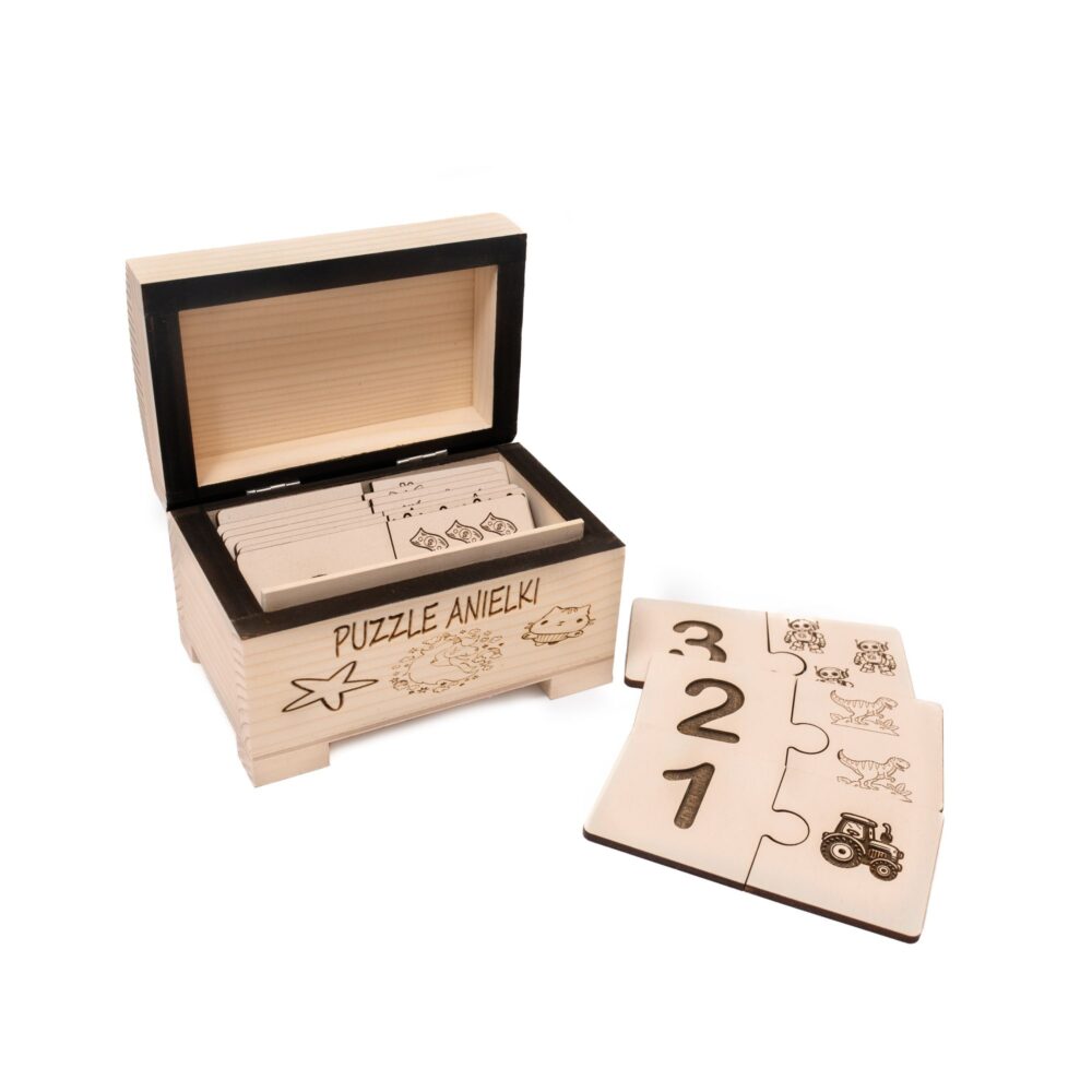 Puzzle matematyczne 1-10, układanka z drewnianym personalizowanym pudełkiem