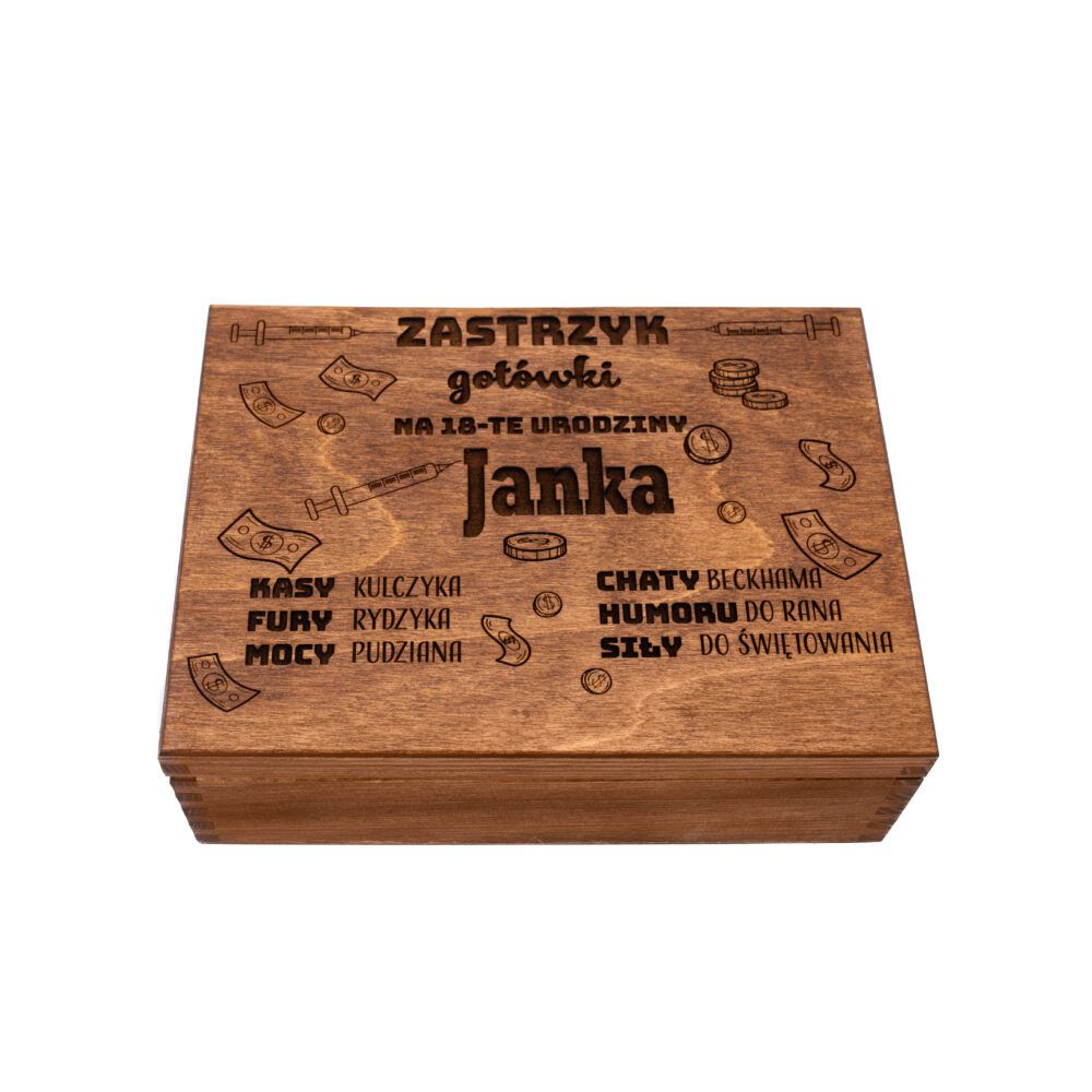 Drewniana skrzynka, pudełko "Zastrzyk gotówki na 18 urodziny" z personalizacją