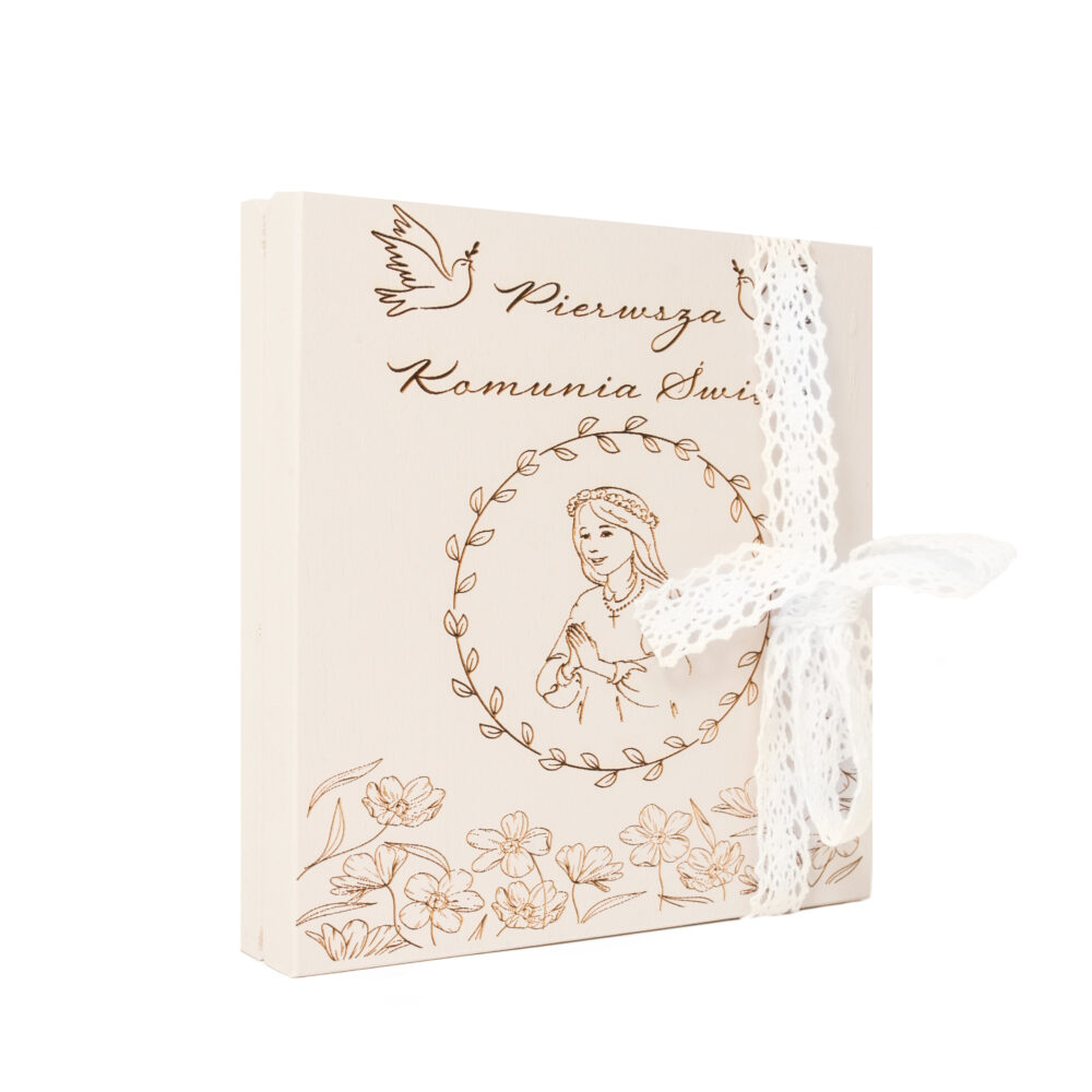 Drewniane pudełeczko z życzeniami, pamiątka I Komunii Świętej dla dziewczynki, wzór 1